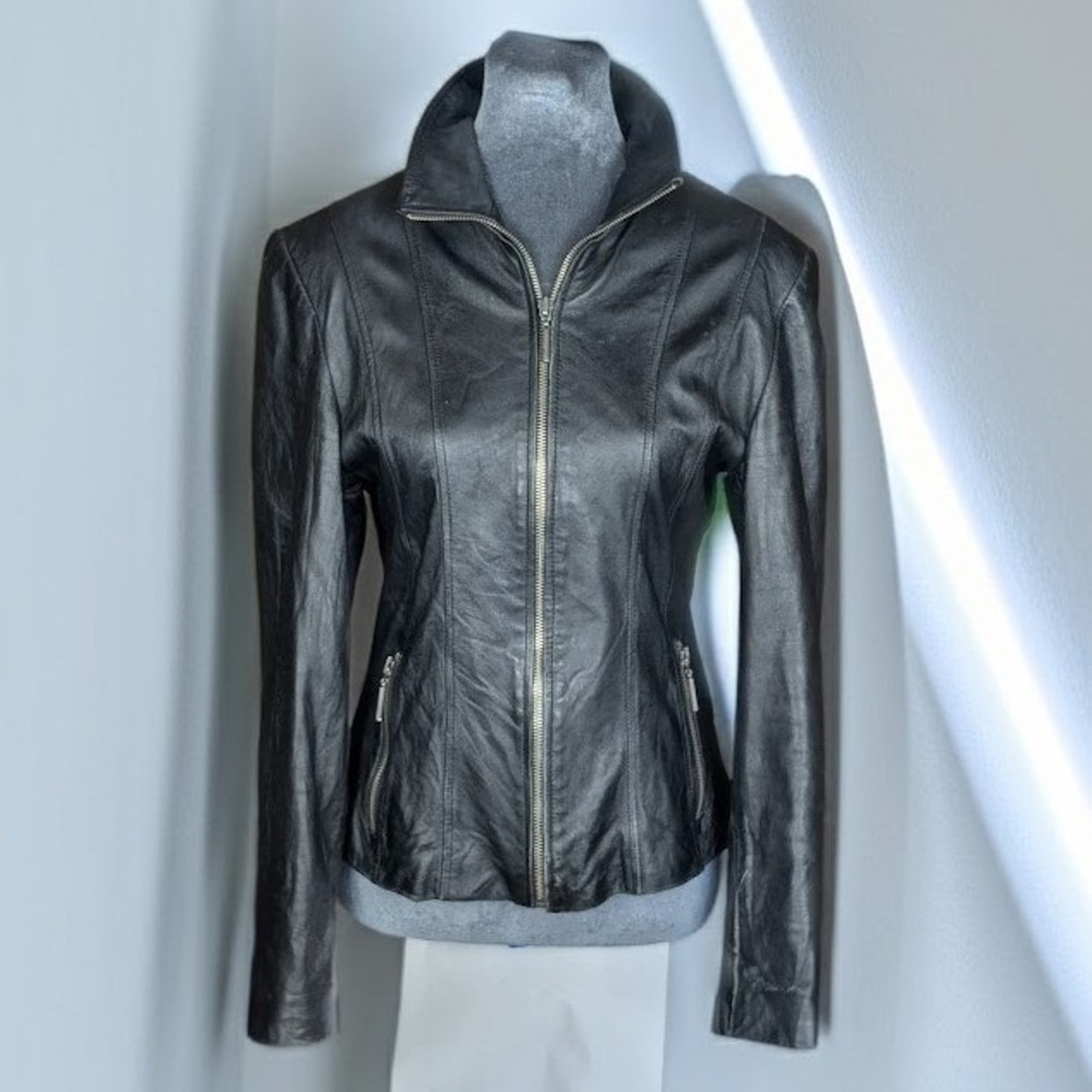 Y2K Wilsons Leather Maxima Black Leather Moto Jacket Women's S Pink Lining